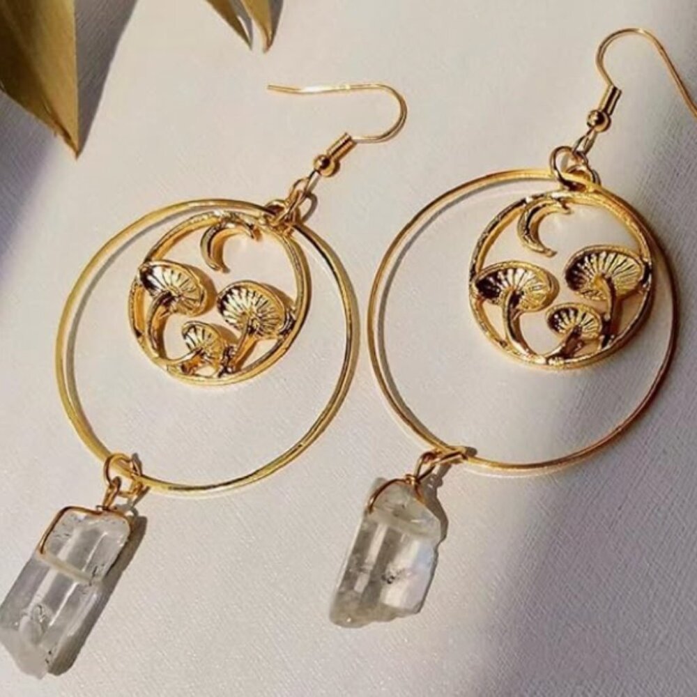 Quartz Crystal & Golden Mushrooms Long Dangle Earrings